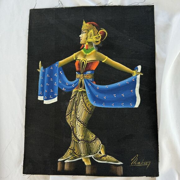 Original Vintage Signed Exotic Woman Painting On Cloth 9.75” x 12.75" - Picture 1 of 9
